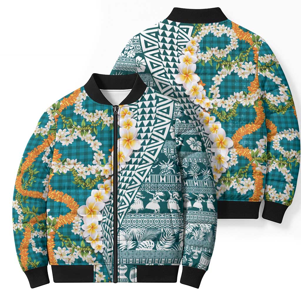 Hawaiian Plumeria Lei Bomber Puffer Jacket Kakau Motifs and Palaka Half Style Turquoise Color - Polynesian Pride
