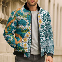 Hawaiian Plumeria Lei Bomber Puffer Jacket Kakau Motifs and Palaka Half Style Turquoise Color - Polynesian Pride