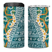 Hawaiian Plumeria Lei 4 in 1 Can Cooler Tumbler Kakau Motifs and Palaka Half Style Turquoise Color - Polynesian Pride