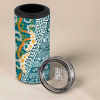 Hawaiian Plumeria Lei 4 in 1 Can Cooler Tumbler Kakau Motifs and Palaka Half Style Turquoise Color - Polynesian Pride