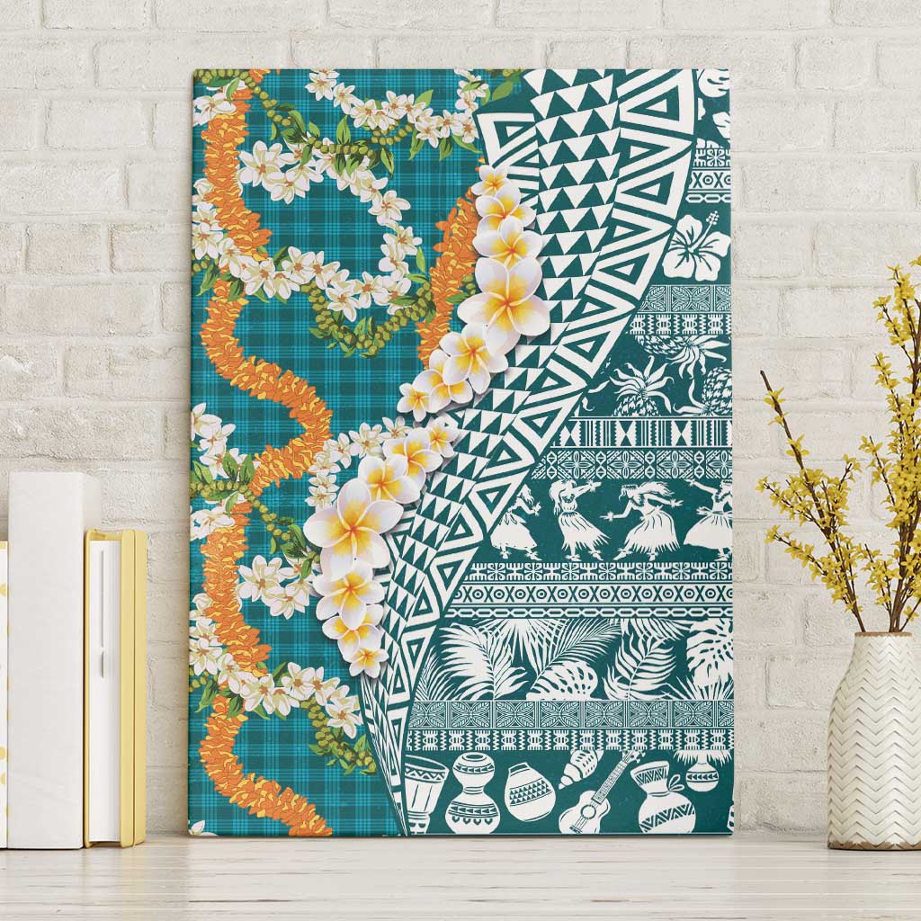 Hawaiian Plumeria Lei Canvas Wall Art Kakau Motifs and Palaka Half Style Turquoise Color - Polynesian Pride