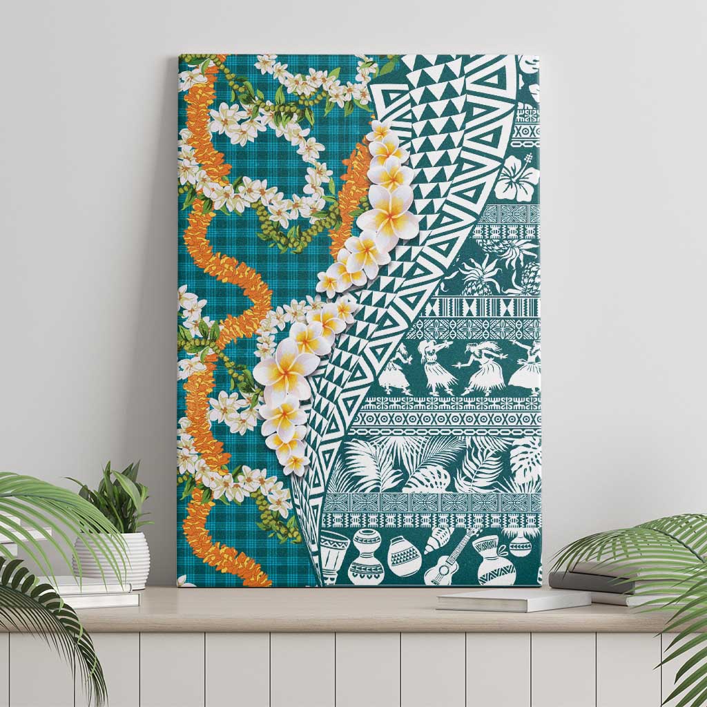 Hawaiian Plumeria Lei Canvas Wall Art Kakau Motifs and Palaka Half Style Turquoise Color - Polynesian Pride
