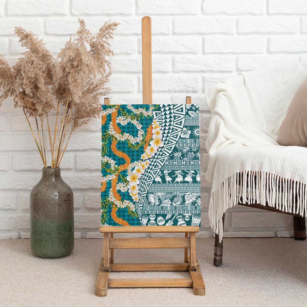Hawaiian Plumeria Lei Canvas Wall Art Kakau Motifs and Palaka Half Style Turquoise Color - Polynesian Pride