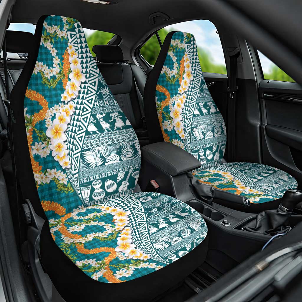 Hawaiian Plumeria Lei Car Seat Cover Kakau Motifs and Palaka Half Style Turquoise Color - Polynesian Pride