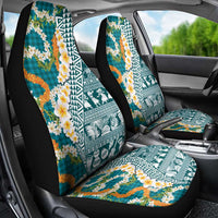 Hawaiian Plumeria Lei Car Seat Cover Kakau Motifs and Palaka Half Style Turquoise Color - Polynesian Pride
