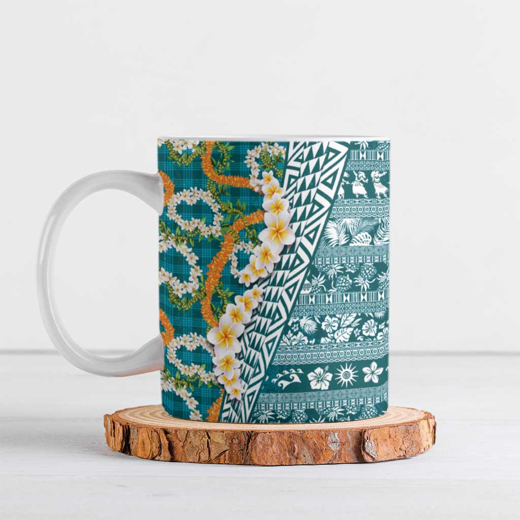 Hawaiian Plumeria Lei Ceramic Mug Kakau Motifs and Palaka Half Style Turquoise Color - Polynesian Pride