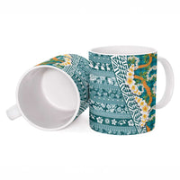 Hawaiian Plumeria Lei Ceramic Mug Kakau Motifs and Palaka Half Style Turquoise Color - Polynesian Pride