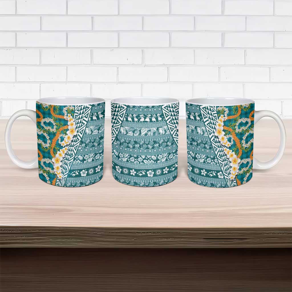 Hawaiian Plumeria Lei Ceramic Mug Kakau Motifs and Palaka Half Style Turquoise Color - Polynesian Pride