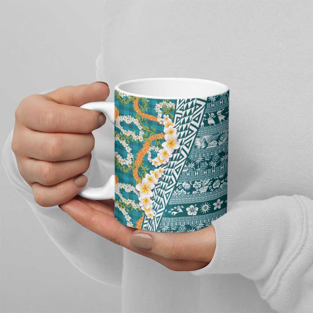 Hawaiian Plumeria Lei Ceramic Mug Kakau Motifs and Palaka Half Style Turquoise Color - Polynesian Pride