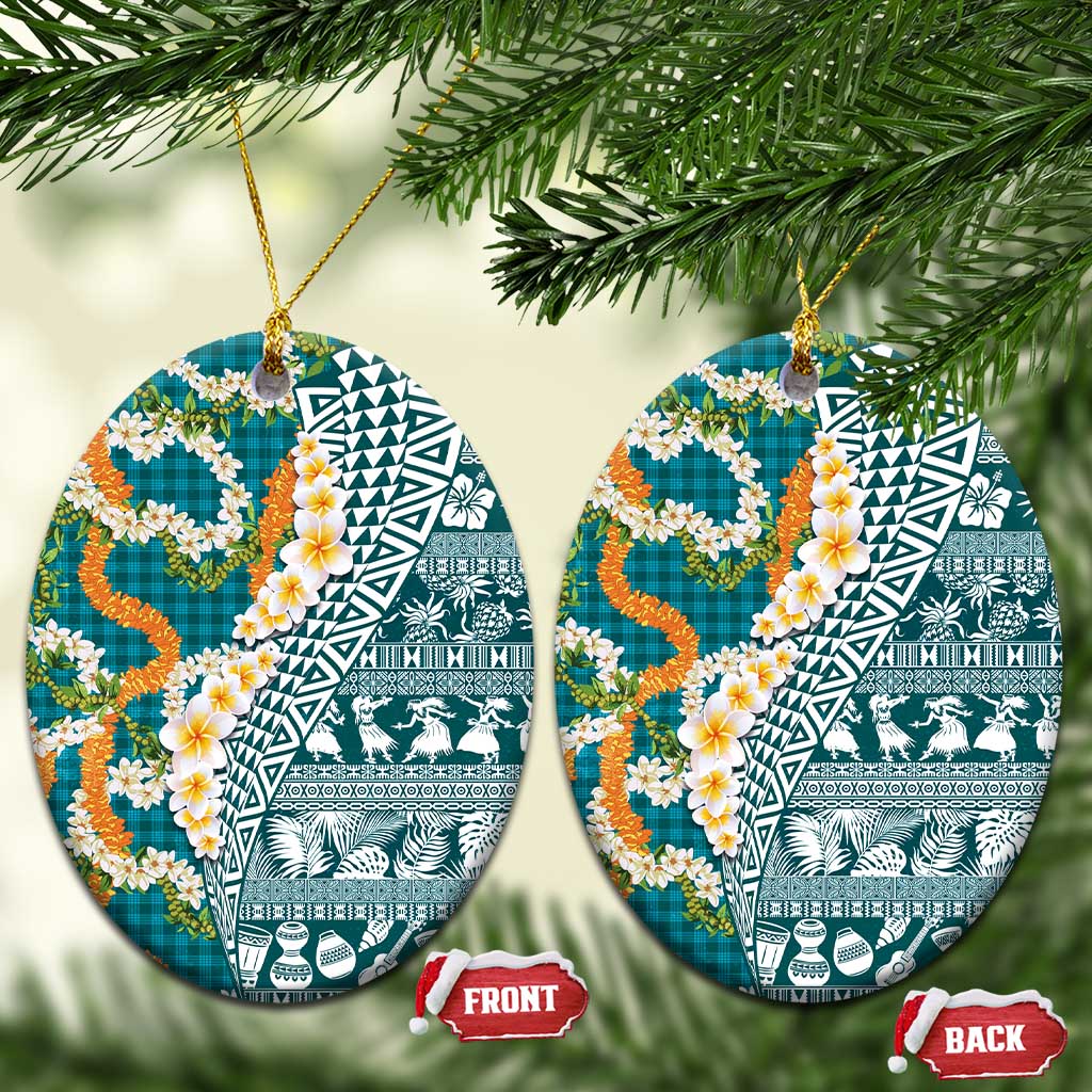 Hawaiian Plumeria Lei Ceramic Ornament Kakau Motifs and Palaka Half Style Turquoise Color - Polynesian Pride