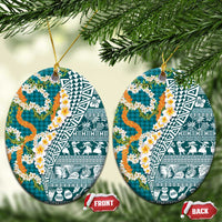 Hawaiian Plumeria Lei Ceramic Ornament Kakau Motifs and Palaka Half Style Turquoise Color - Polynesian Pride