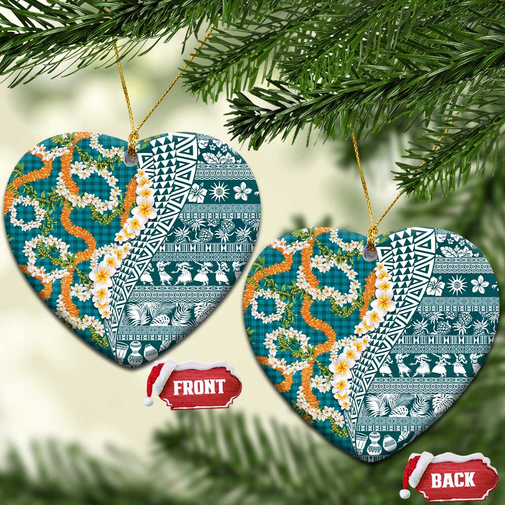 Hawaiian Plumeria Lei Ceramic Ornament Kakau Motifs and Palaka Half Style Turquoise Color - Polynesian Pride