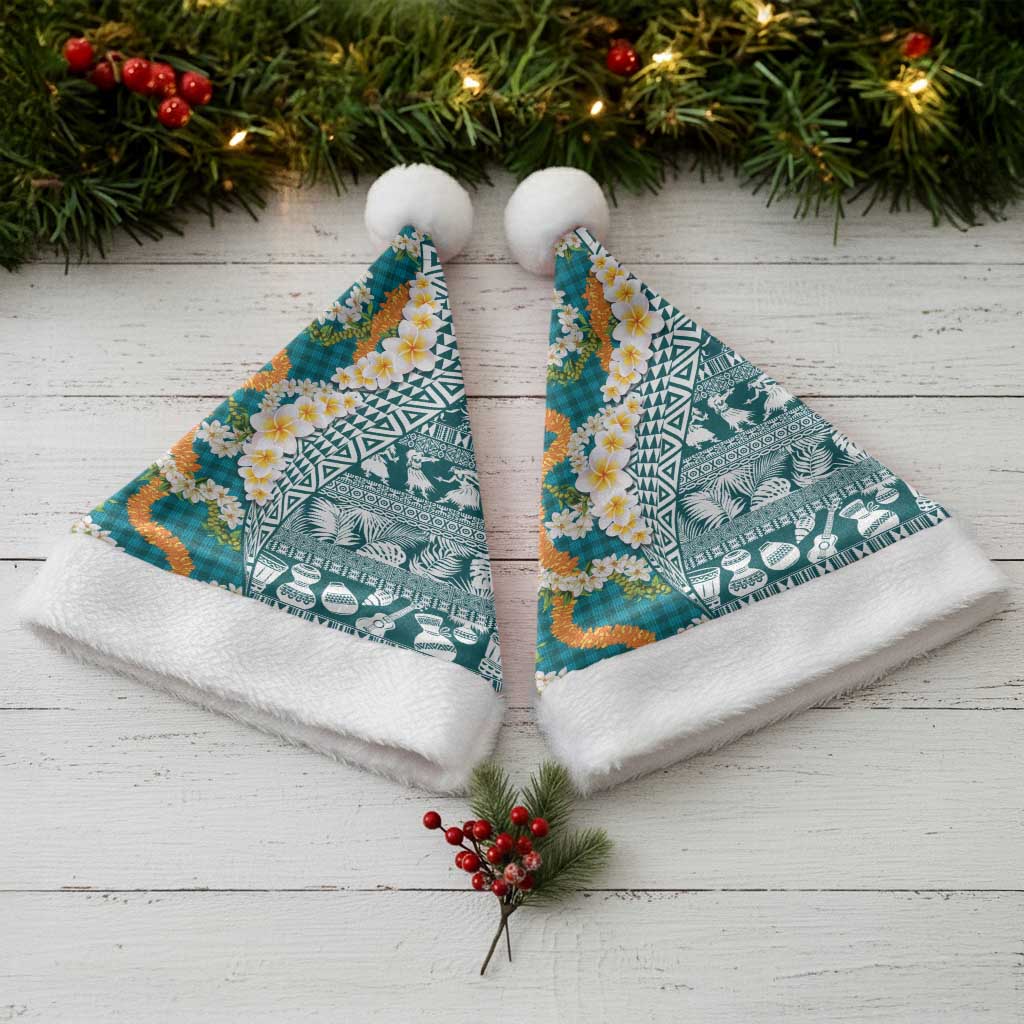 Hawaiian Plumeria Lei Christmas Santa Hat Kakau Motifs and Palaka Half Style Turquoise Color - Polynesian Pride