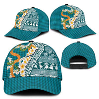 Hawaiian Plumeria Lei Classic Cap Kakau Motifs and Palaka Half Style Turquoise Color - Polynesian Pride