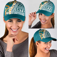 Hawaiian Plumeria Lei Classic Cap Kakau Motifs and Palaka Half Style Turquoise Color - Polynesian Pride