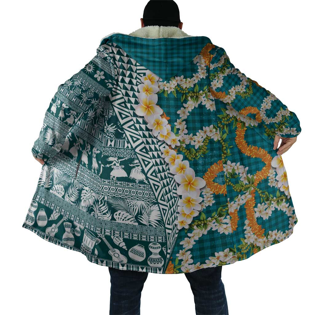 Hawaiian Plumeria Lei Cloak Kakau Motifs and Palaka Half Style Turquoise Color - Polynesian Pride