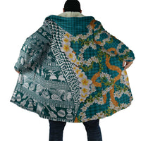 Hawaiian Plumeria Lei Cloak Kakau Motifs and Palaka Half Style Turquoise Color - Polynesian Pride