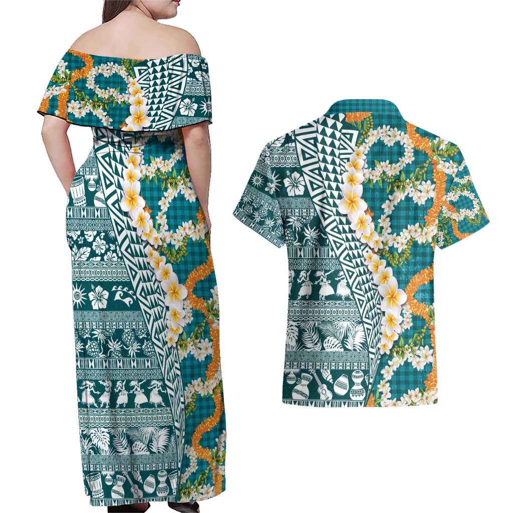 Hawaiian Plumeria Lei Couples Matching Off Shoulder Maxi Dress and Hawaiian Shirt Kakau Motifs and Palaka Half Style Turquoise Color - Polynesian Pride