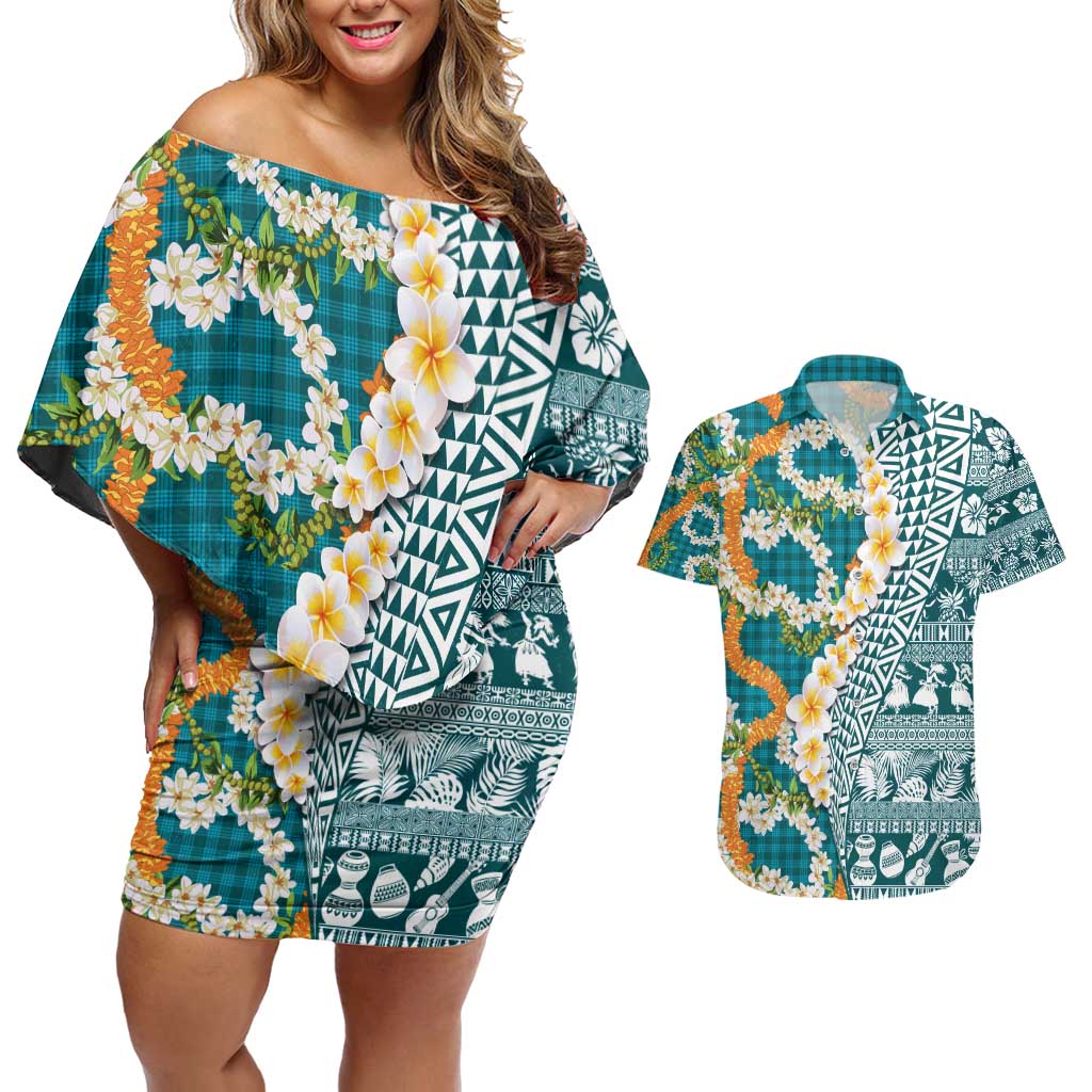Hawaiian Plumeria Lei Couples Matching Off Shoulder Short Dress and Hawaiian Shirt Kakau Motifs and Palaka Half Style Turquoise Color - Polynesian Pride