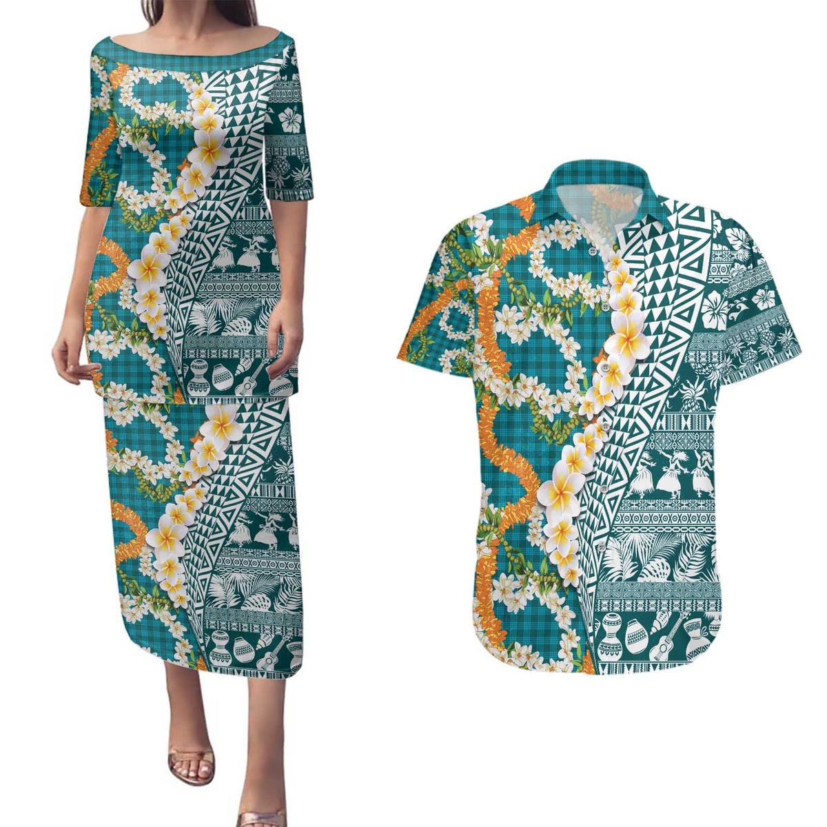 Hawaiian Plumeria Lei Couples Matching Puletasi and Hawaiian Shirt Kakau Motifs and Palaka Half Style Turquoise Color - Polynesian Pride