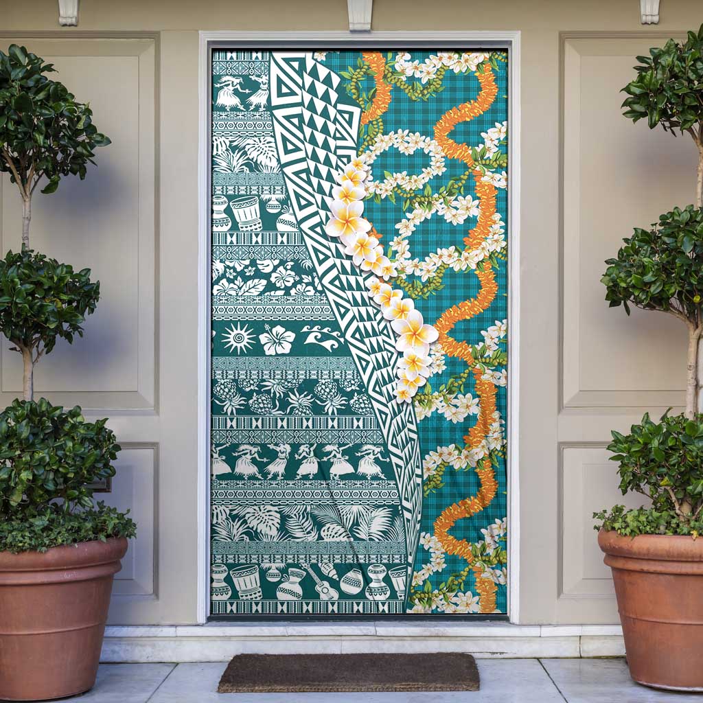 Hawaiian Plumeria Lei Door Cover Kakau Motifs and Palaka Half Style Turquoise Color - Polynesian Pride