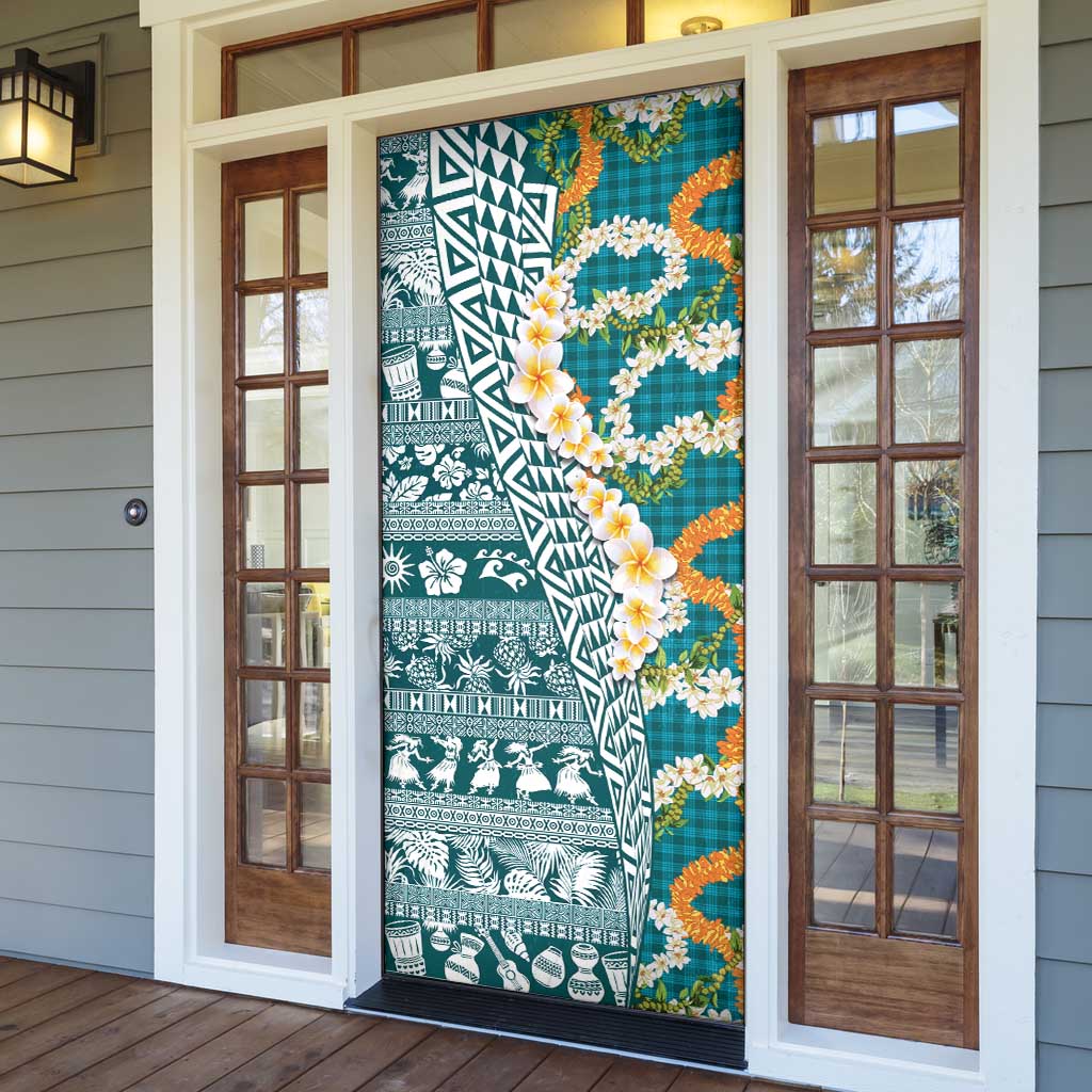 Hawaiian Plumeria Lei Door Cover Kakau Motifs and Palaka Half Style Turquoise Color - Polynesian Pride