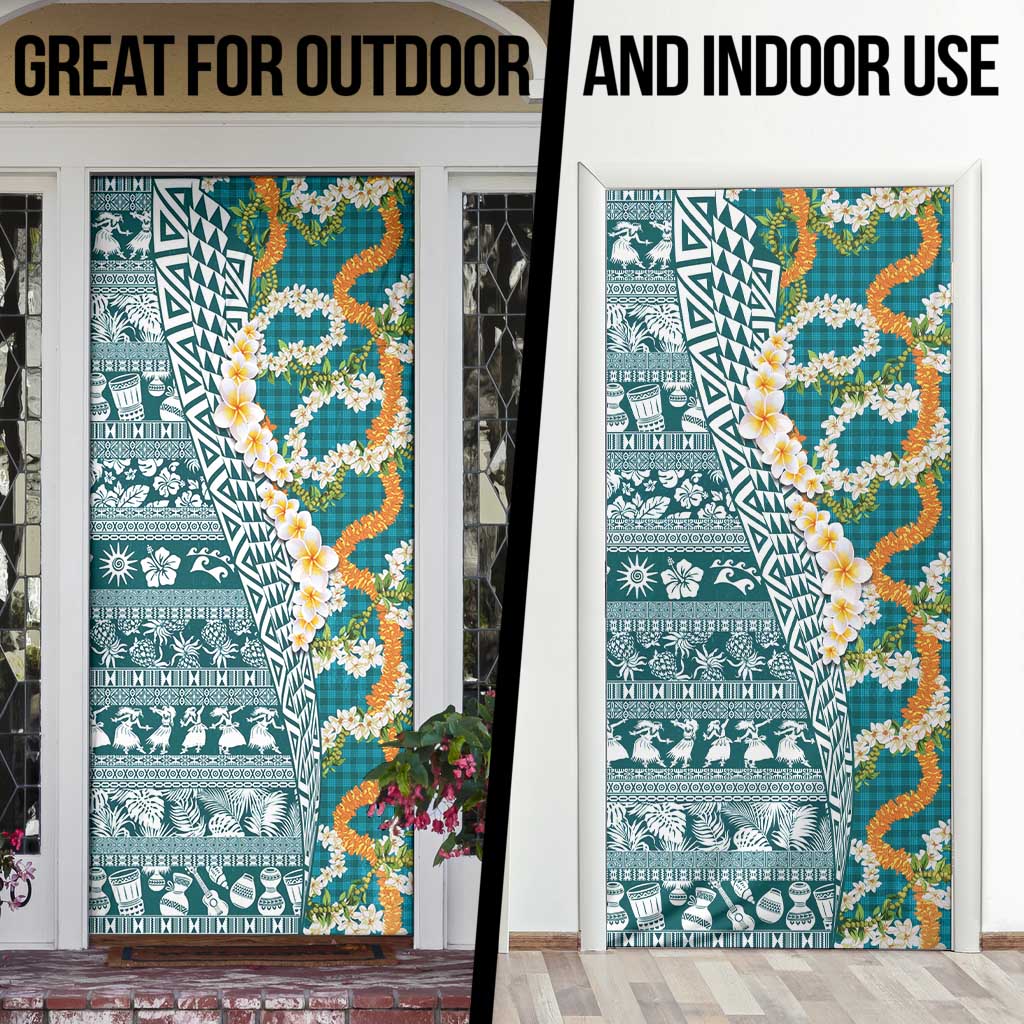 Hawaiian Plumeria Lei Door Cover Kakau Motifs and Palaka Half Style Turquoise Color - Polynesian Pride