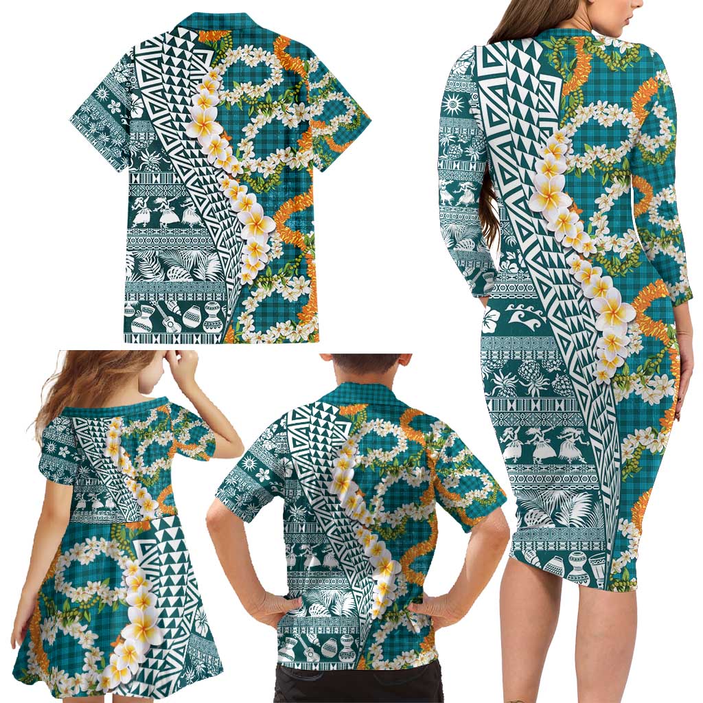 Hawaiian Plumeria Lei Family Matching Long Sleeve Bodycon Dress and Hawaiian Shirt Kakau Motifs and Palaka Half Style Turquoise Color - Polynesian Pride