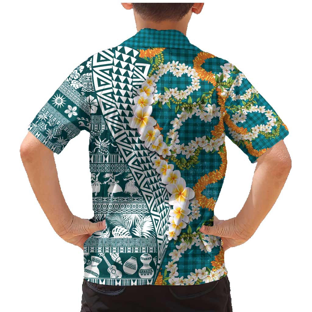 Hawaiian Plumeria Lei Family Matching Mermaid Dress and Hawaiian Shirt Kakau Motifs and Palaka Half Style Turquoise Color - Polynesian Pride