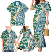 Hawaiian Plumeria Lei Family Matching Mermaid Dress and Hawaiian Shirt Kakau Motifs and Palaka Half Style Turquoise Color - Polynesian Pride