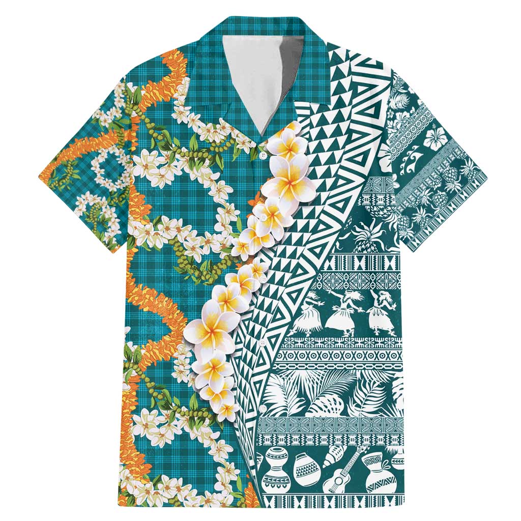 Hawaiian Plumeria Lei Family Matching Mermaid Dress and Hawaiian Shirt Kakau Motifs and Palaka Half Style Turquoise Color - Polynesian Pride