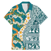 Hawaiian Plumeria Lei Family Matching Mermaid Dress and Hawaiian Shirt Kakau Motifs and Palaka Half Style Turquoise Color - Polynesian Pride