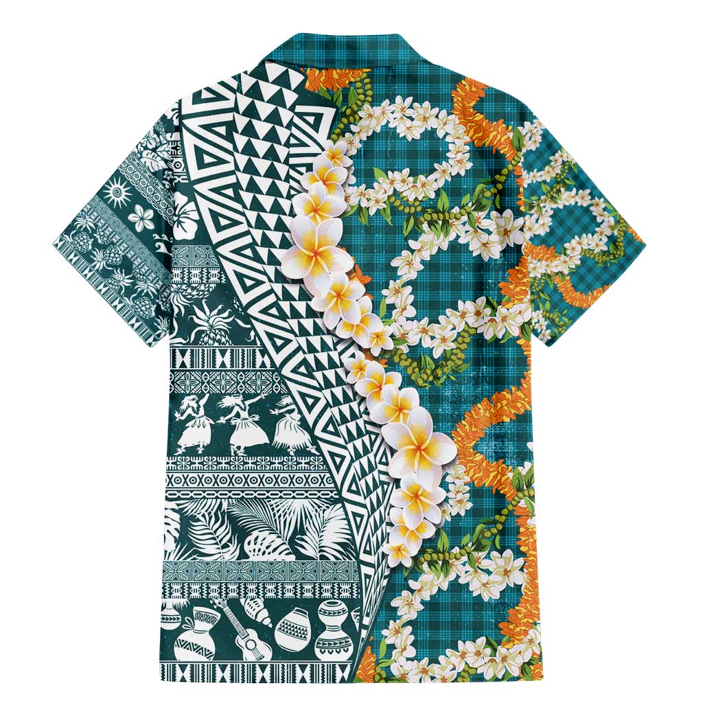 Hawaiian Plumeria Lei Family Matching Mermaid Dress and Hawaiian Shirt Kakau Motifs and Palaka Half Style Turquoise Color - Polynesian Pride