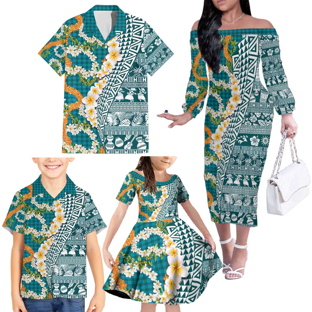 Hawaiian Plumeria Lei Family Matching Off The Shoulder Long Sleeve Dress and Hawaiian Shirt Kakau Motifs and Palaka Half Style Turquoise Color - Polynesian Pride