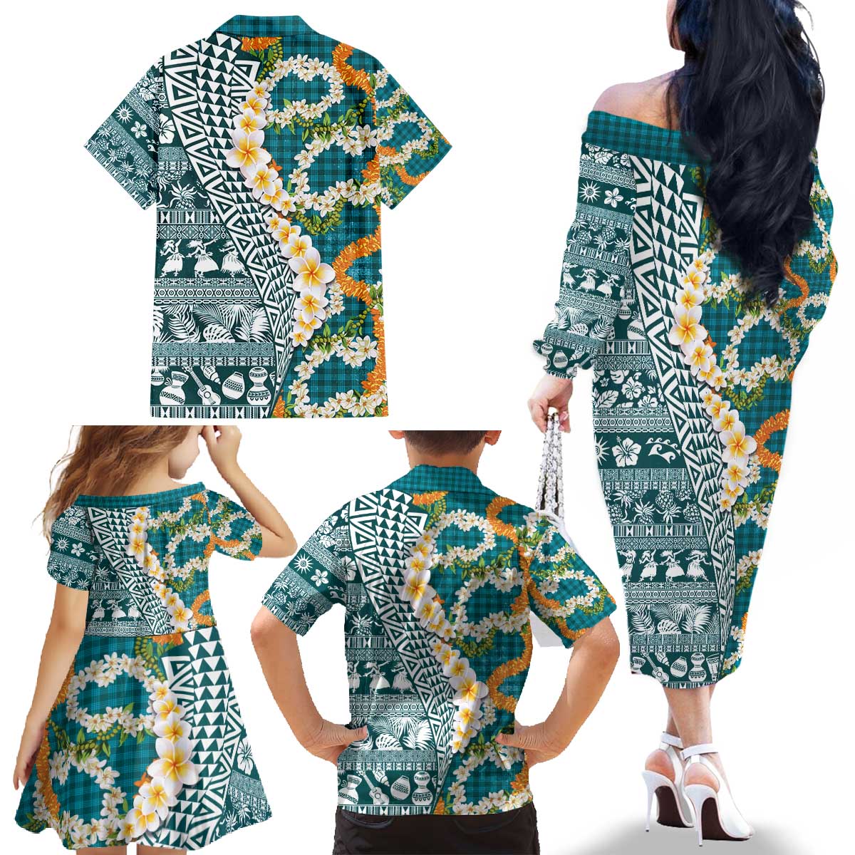 Hawaiian Plumeria Lei Family Matching Off The Shoulder Long Sleeve Dress and Hawaiian Shirt Kakau Motifs and Palaka Half Style Turquoise Color - Polynesian Pride