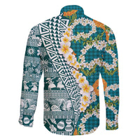 Hawaiian Plumeria Lei Family Matching Off The Shoulder Long Sleeve Dress and Hawaiian Shirt Kakau Motifs and Palaka Half Style Turquoise Color - Polynesian Pride