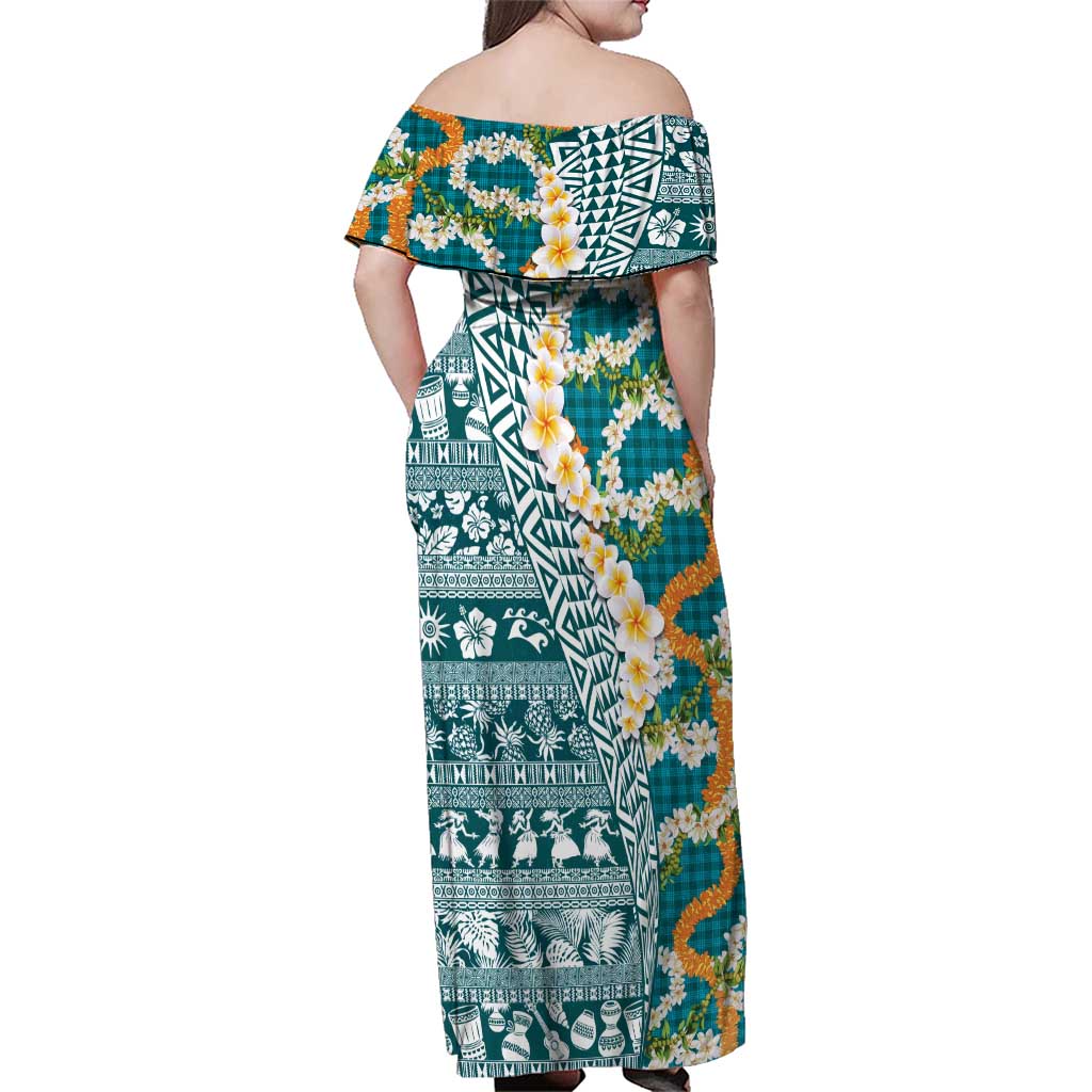 Hawaiian Plumeria Lei Family Matching Off Shoulder Maxi Dress and Hawaiian Shirt Kakau Motifs and Palaka Half Style Turquoise Color - Polynesian Pride