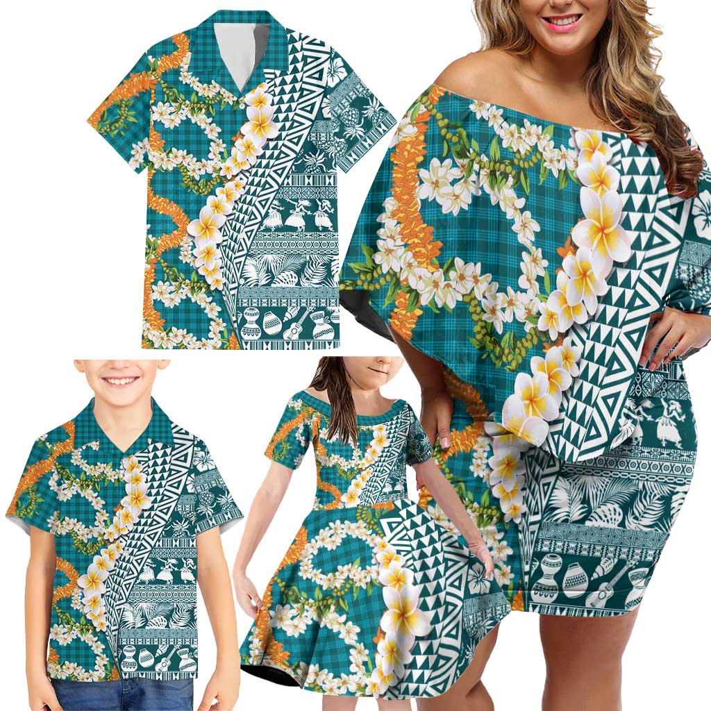 Hawaiian Plumeria Lei Family Matching Off Shoulder Short Dress and Hawaiian Shirt Kakau Motifs and Palaka Half Style Turquoise Color LT03 - Polynesian Pride
