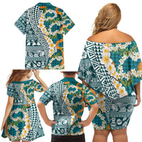 Hawaiian Plumeria Lei Family Matching Off Shoulder Short Dress and Hawaiian Shirt Kakau Motifs and Palaka Half Style Turquoise Color - Polynesian Pride