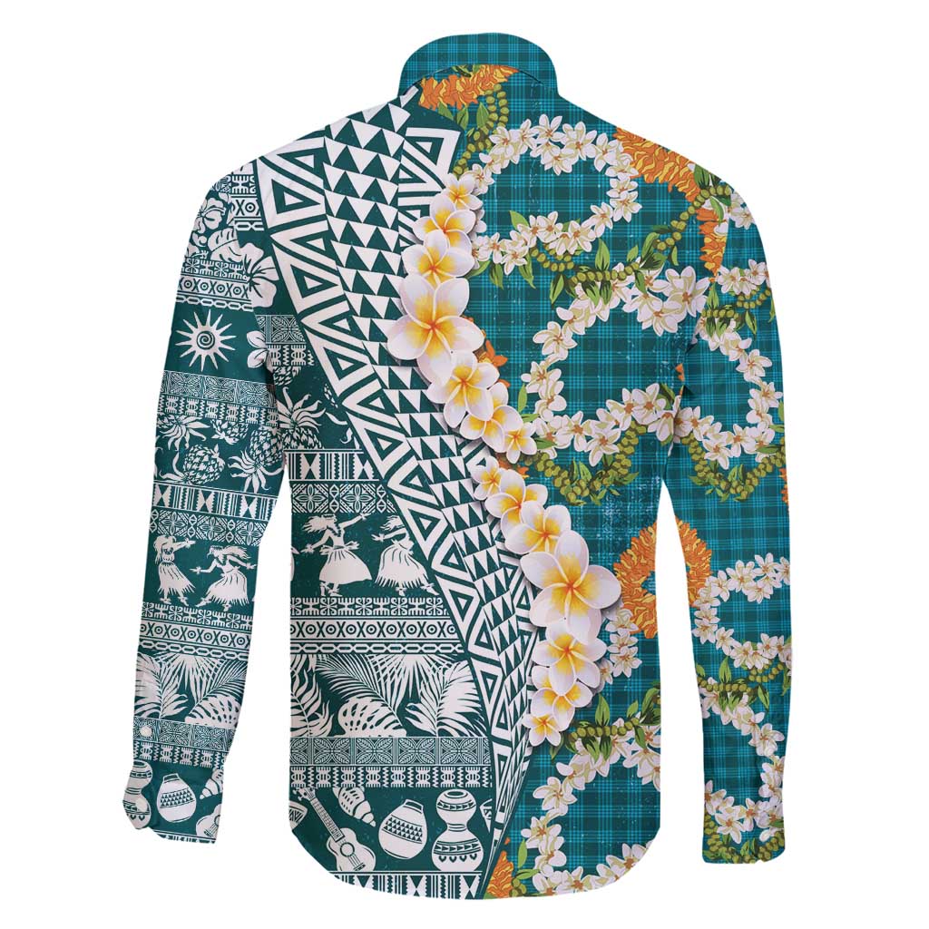 Hawaiian Plumeria Lei Family Matching Off Shoulder Short Dress and Hawaiian Shirt Kakau Motifs and Palaka Half Style Turquoise Color - Polynesian Pride