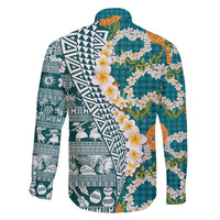 Hawaiian Plumeria Lei Family Matching Off Shoulder Short Dress and Hawaiian Shirt Kakau Motifs and Palaka Half Style Turquoise Color - Polynesian Pride