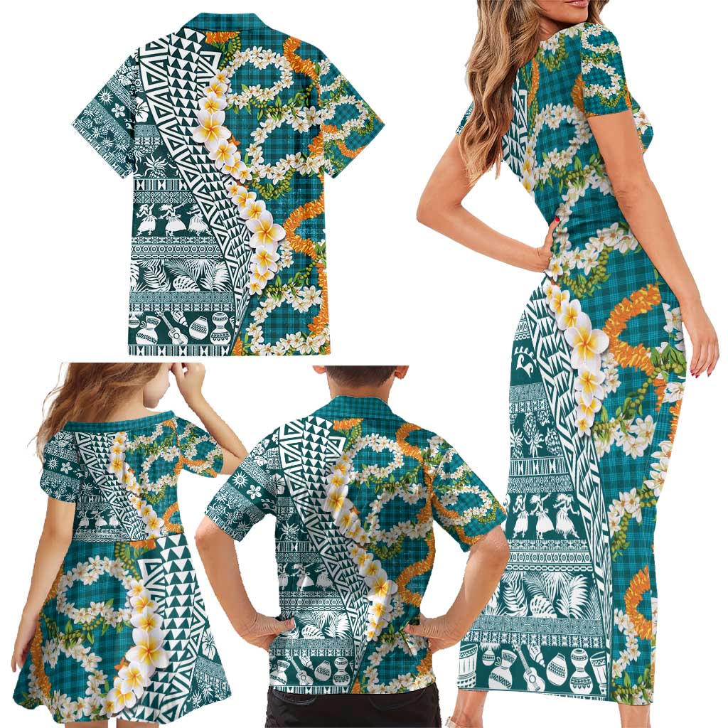Hawaiian Plumeria Lei Family Matching Short Sleeve Bodycon Dress and Hawaiian Shirt Kakau Motifs and Palaka Half Style Turquoise Color - Polynesian Pride