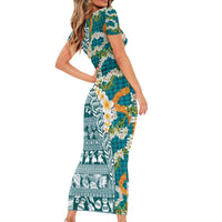 Hawaiian Plumeria Lei Family Matching Short Sleeve Bodycon Dress and Hawaiian Shirt Kakau Motifs and Palaka Half Style Turquoise Color - Polynesian Pride