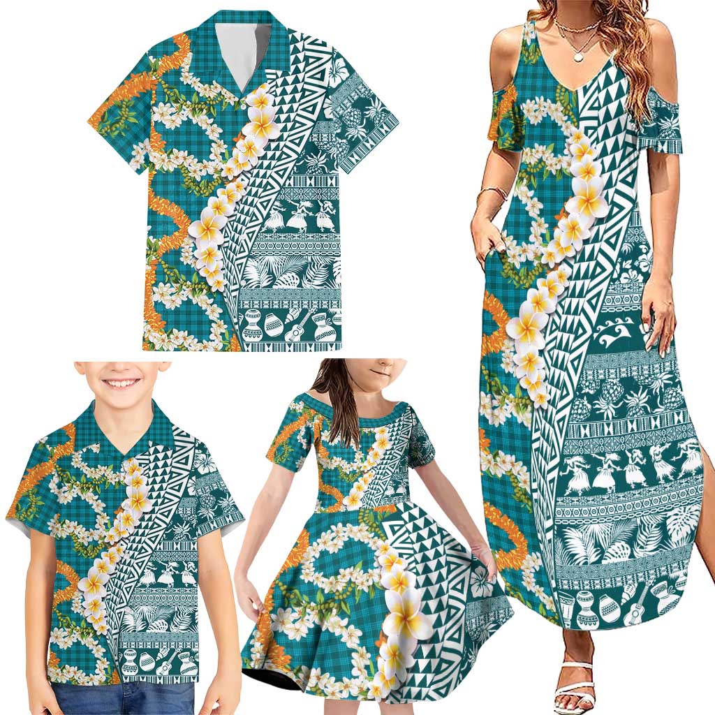 Hawaiian Plumeria Lei Family Matching Summer Maxi Dress and Hawaiian Shirt Kakau Motifs and Palaka Half Style Turquoise Color LT03 - Polynesian Pride