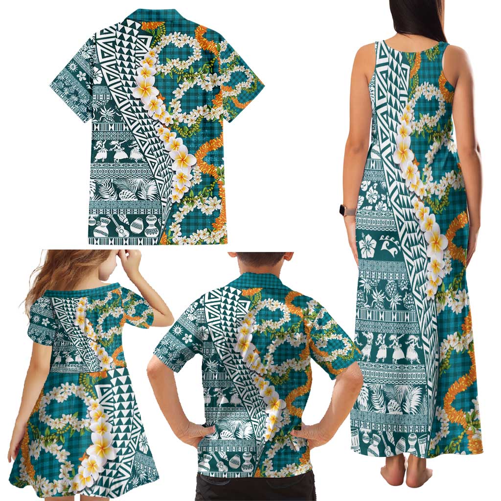 Hawaiian Plumeria Lei Family Matching Tank Maxi Dress and Hawaiian Shirt Kakau Motifs and Palaka Half Style Turquoise Color - Polynesian Pride