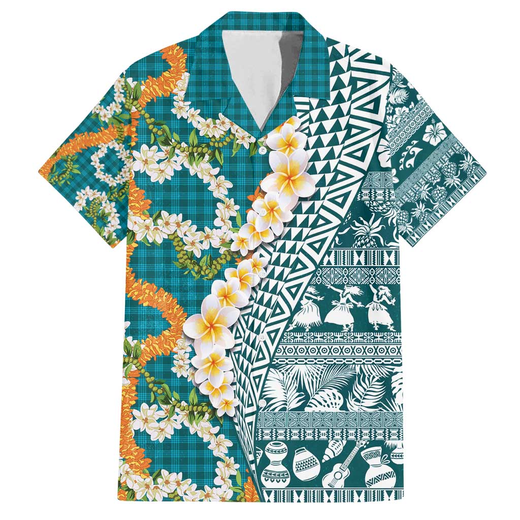 Hawaiian Plumeria Lei Family Matching Tank Maxi Dress and Hawaiian Shirt Kakau Motifs and Palaka Half Style Turquoise Color - Polynesian Pride