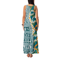 Hawaiian Plumeria Lei Family Matching Tank Maxi Dress and Hawaiian Shirt Kakau Motifs and Palaka Half Style Turquoise Color - Polynesian Pride