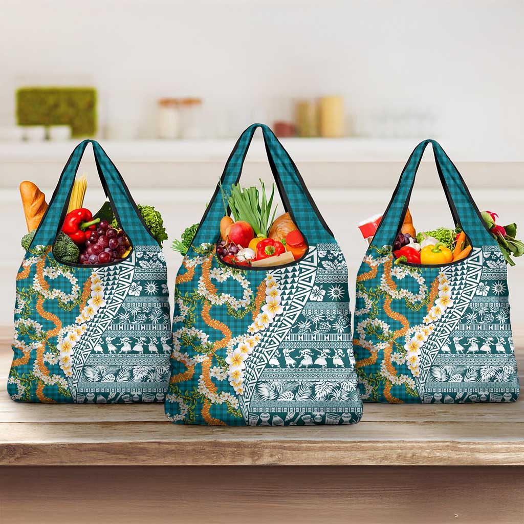 Hawaiian Plumeria Lei Grocery Bag Kakau Motifs and Palaka Half Style Turquoise Color - Polynesian Pride