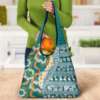 Hawaiian Plumeria Lei Grocery Bag Kakau Motifs and Palaka Half Style Turquoise Color - Polynesian Pride
