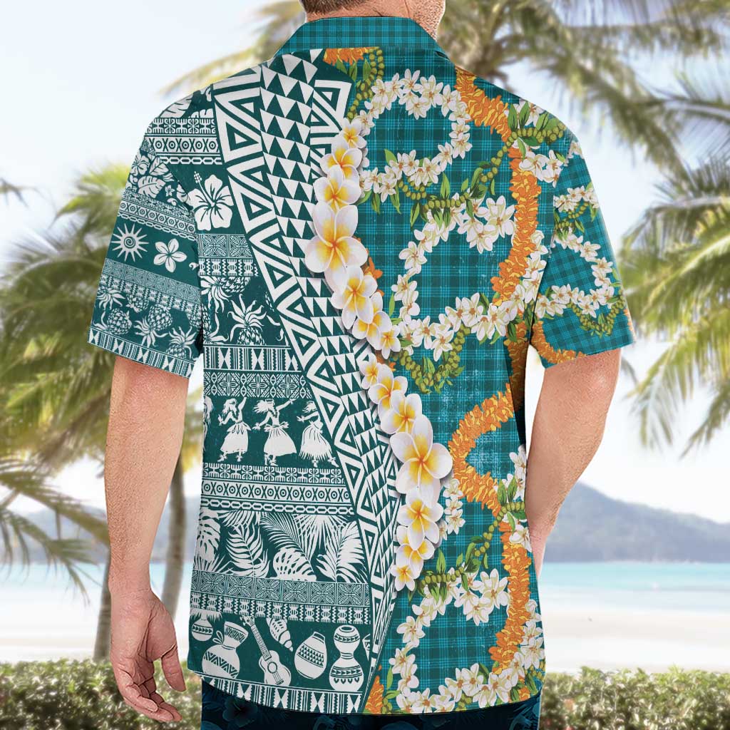 Hawaiian Plumeria Lei Hawaiian Shirt Kakau Motifs and Palaka Half Style Turquoise Color - Polynesian Pride